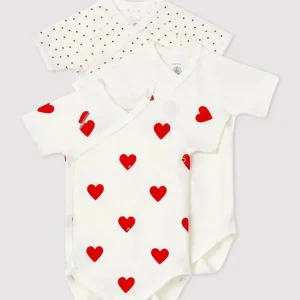 CONFEZIONE DA 3 BODY INCROCIATI IN COTONE CON MOTIVO A CUORE