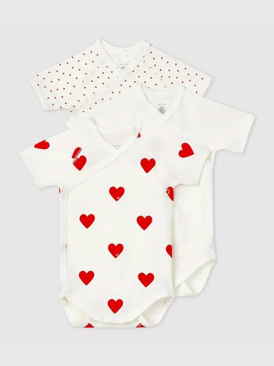 CONFEZIONE DA 3 BODY INCROCIATI IN COTONE CON MOTIVO A CUORE