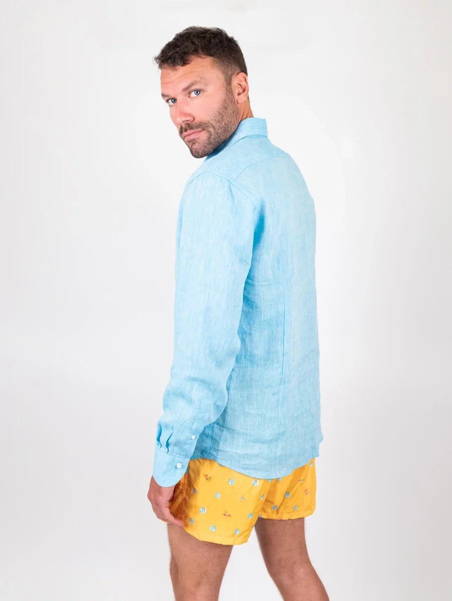 Camicia Arthur in lino tinto filo turchese - immagine 7