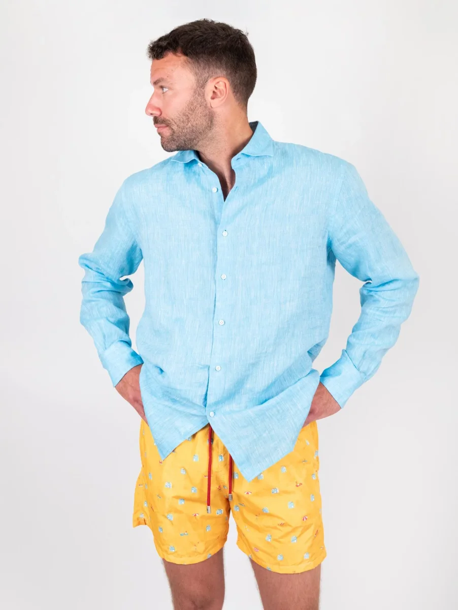 Camicia Arthur in lino tinto filo turchese - immagine 6