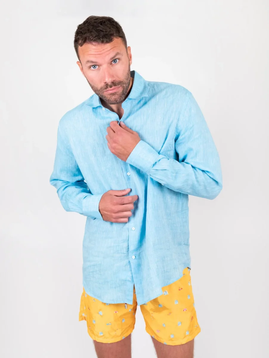 Camicia Arthur in lino tinto filo turchese - immagine 5