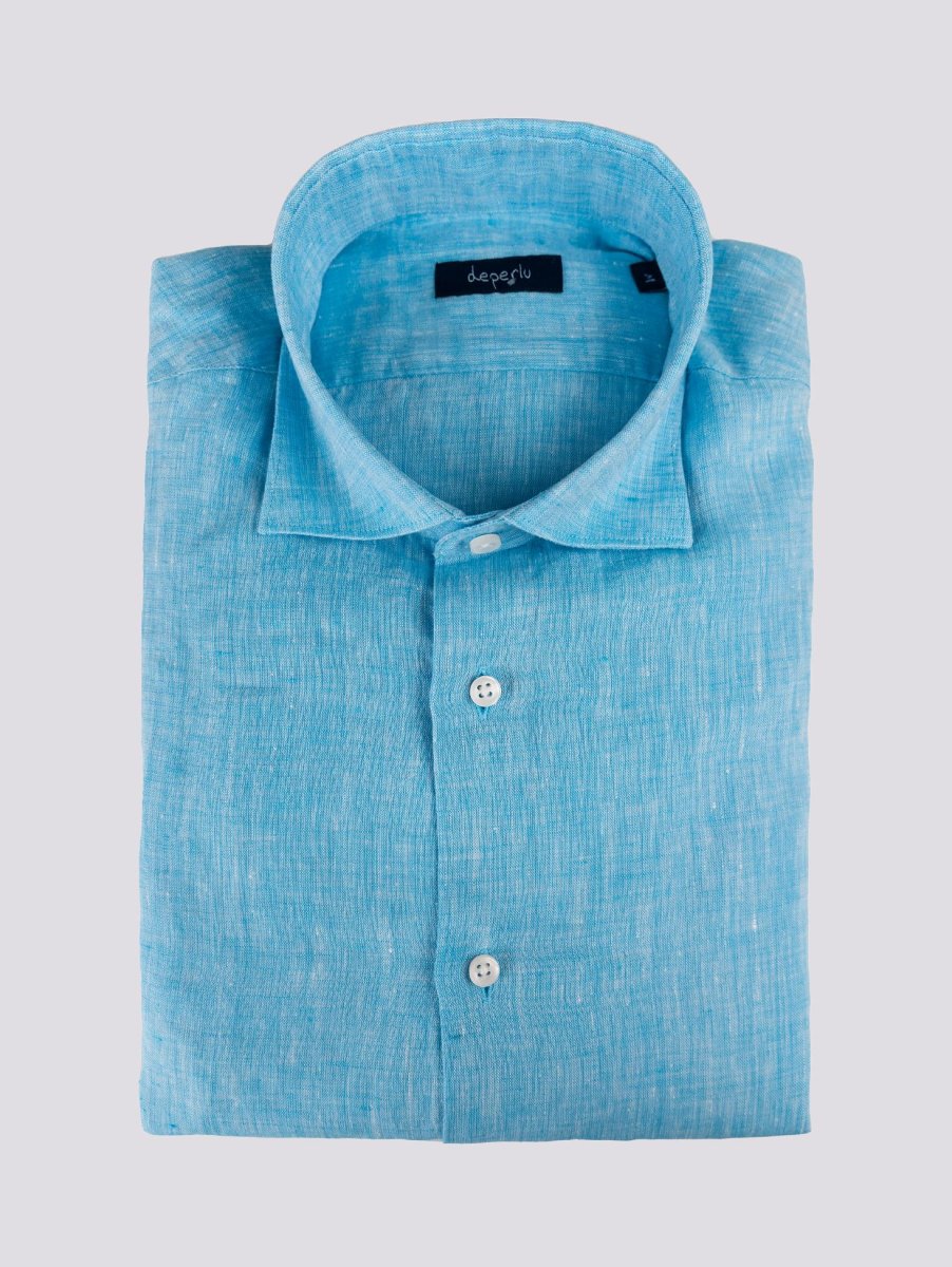 Camicia Arthur in lino tinto filo turchese