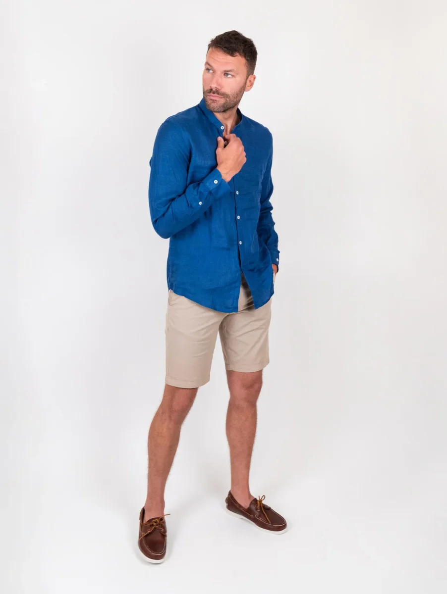 Camicia alla coreana in lino bluette - immagine 8