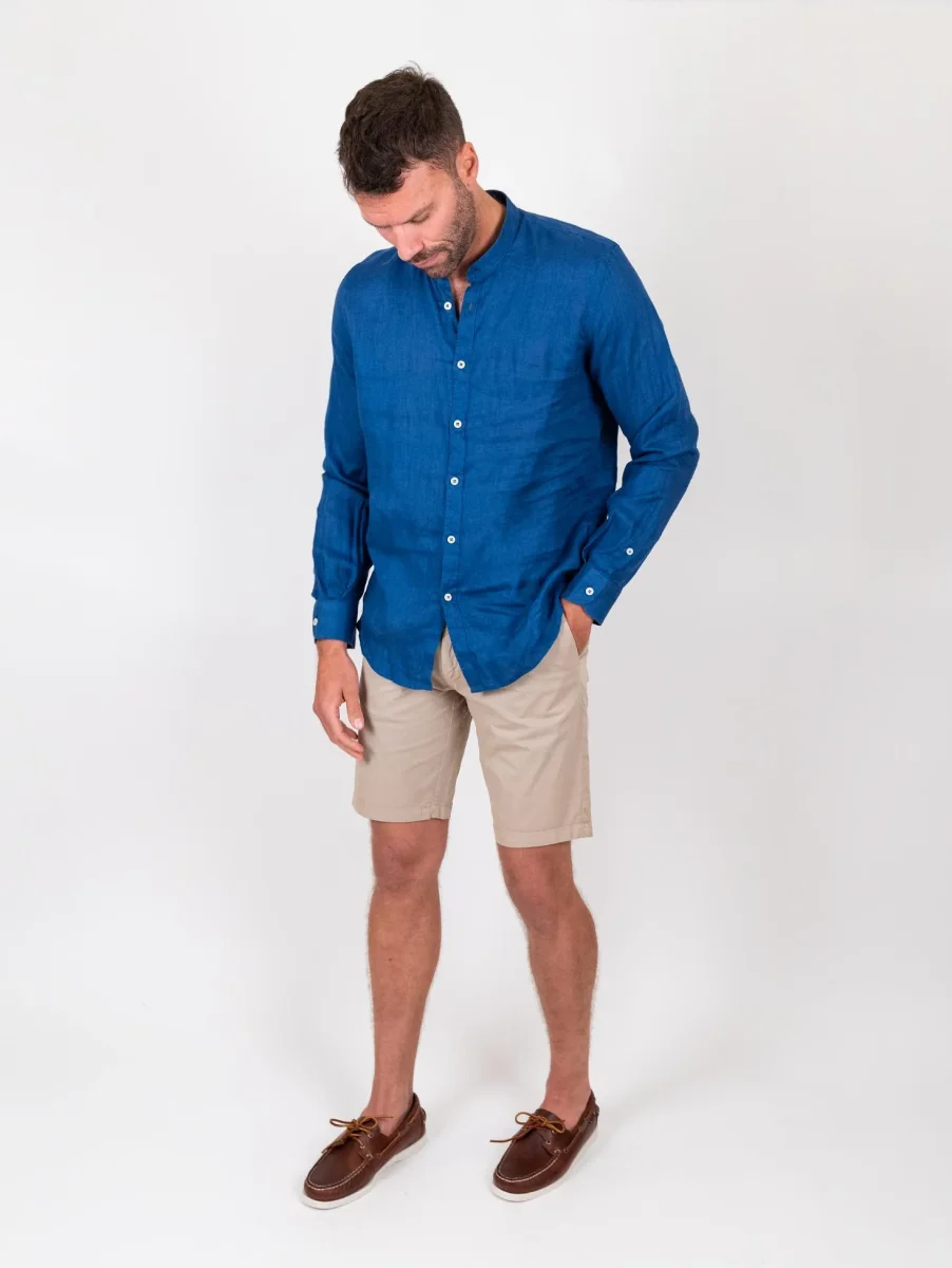 Camicia alla coreana in lino bluette - immagine 9