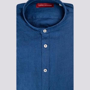Camicia alla coreana in lino bluette