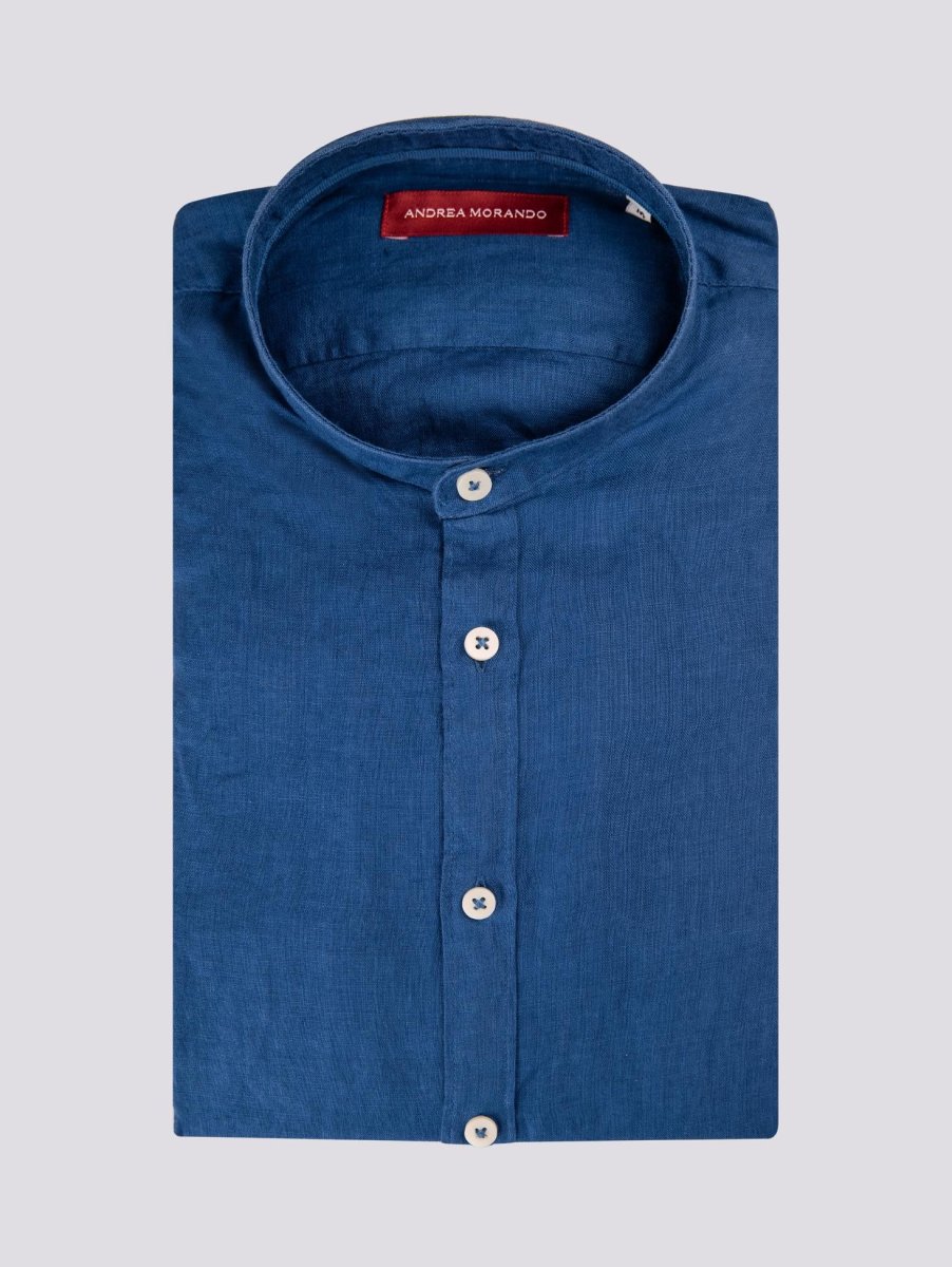 Camicia alla coreana in lino bluette