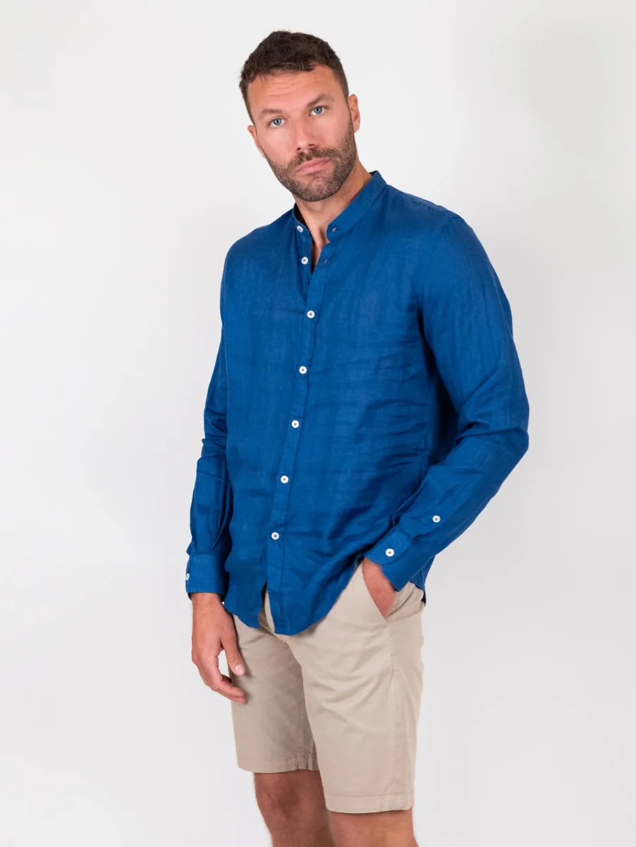 Camicia alla coreana in lino bluette - immagine 5