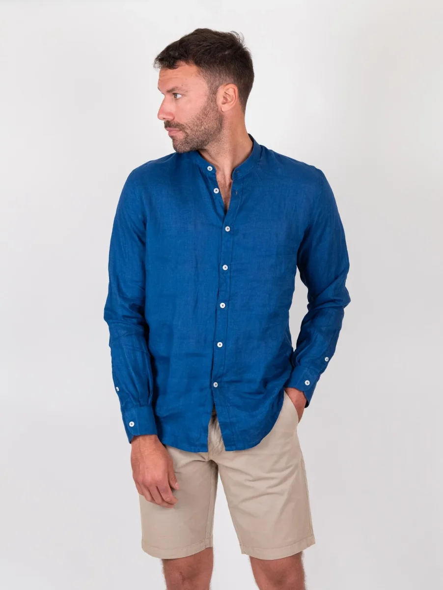 Camicia alla coreana in lino bluette - immagine 6