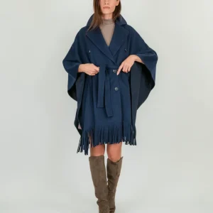 Cappotto mantella con frange blu