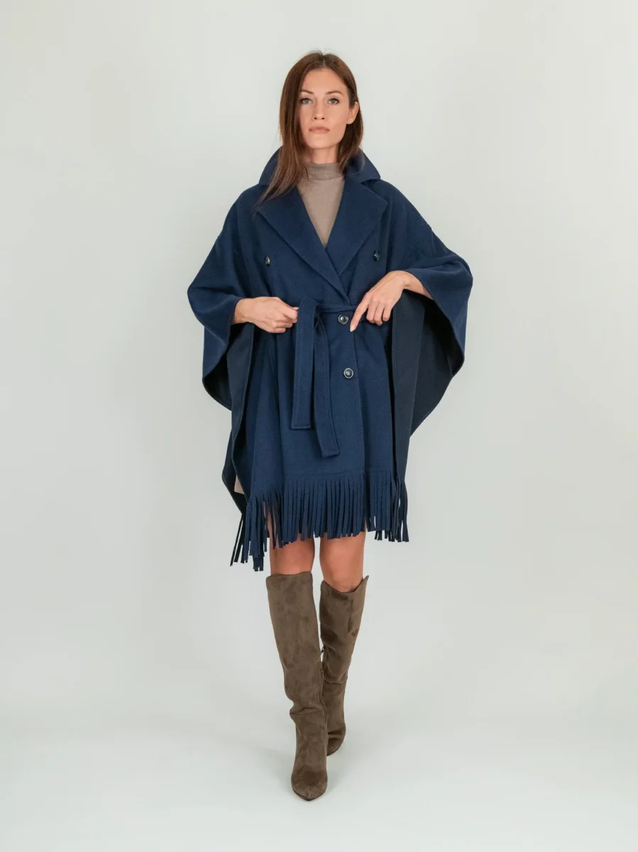 Cappotto mantella con frange blu