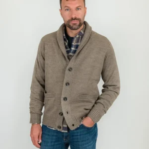 Cardigan beige in misto lana con collo a scialle