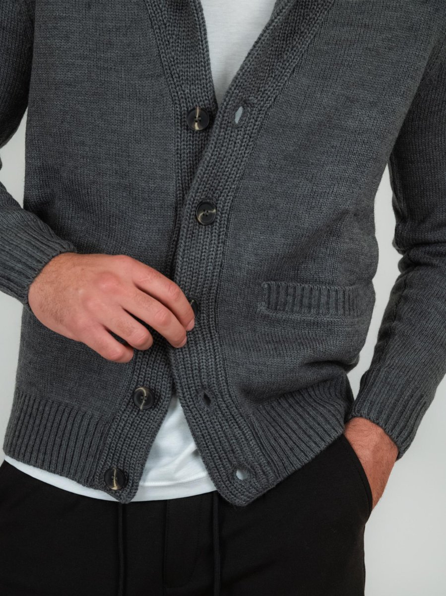 Cardigan grigio in misto lana con collo a scialle - immagine 6