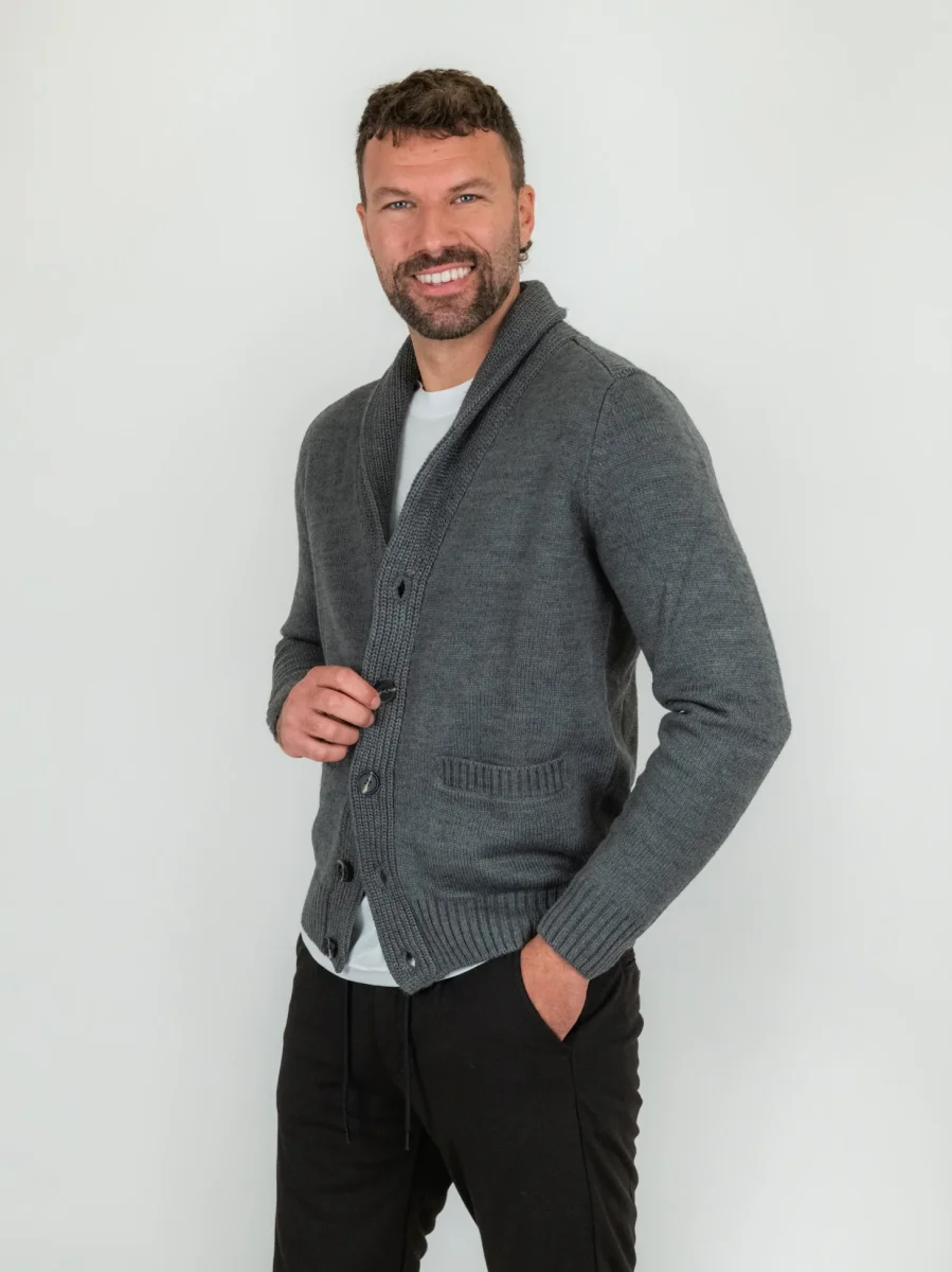 Cardigan grigio in misto lana con collo a scialle - immagine 3