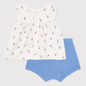 Completo nascita due pezzi in cotone con blusa a volant