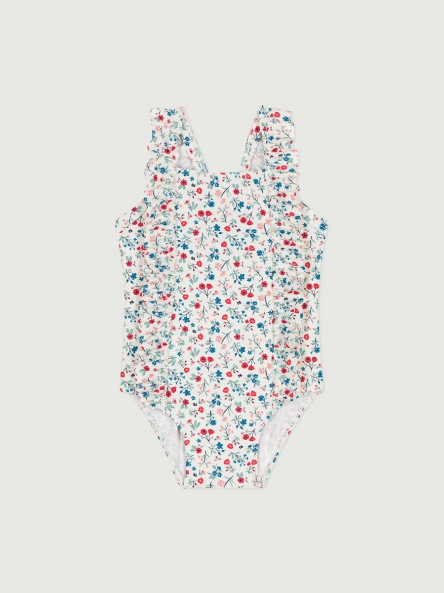 Costume da bagno intero con stampa floreale e volant bebè