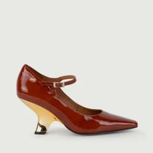 DÉCOLLETÉ IN VERNICE MATTONE CON TACCO ORO