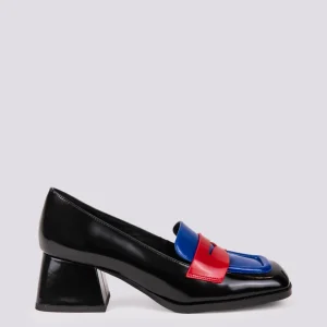 DECOLLETE IN PELLE NERA CON INSERTI BLUETTE E ROSSI