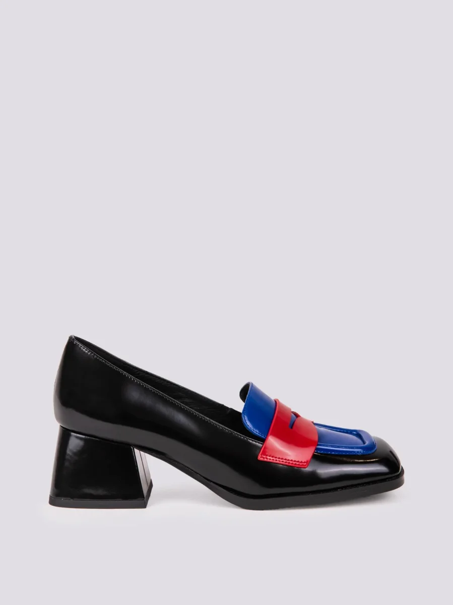 DECOLLETE IN PELLE NERA CON INSERTI BLUETTE E ROSSI