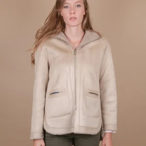 GIACCA CON CAPPUCCIO REVERSIBILE IN ECO-MONTONE BEIGE