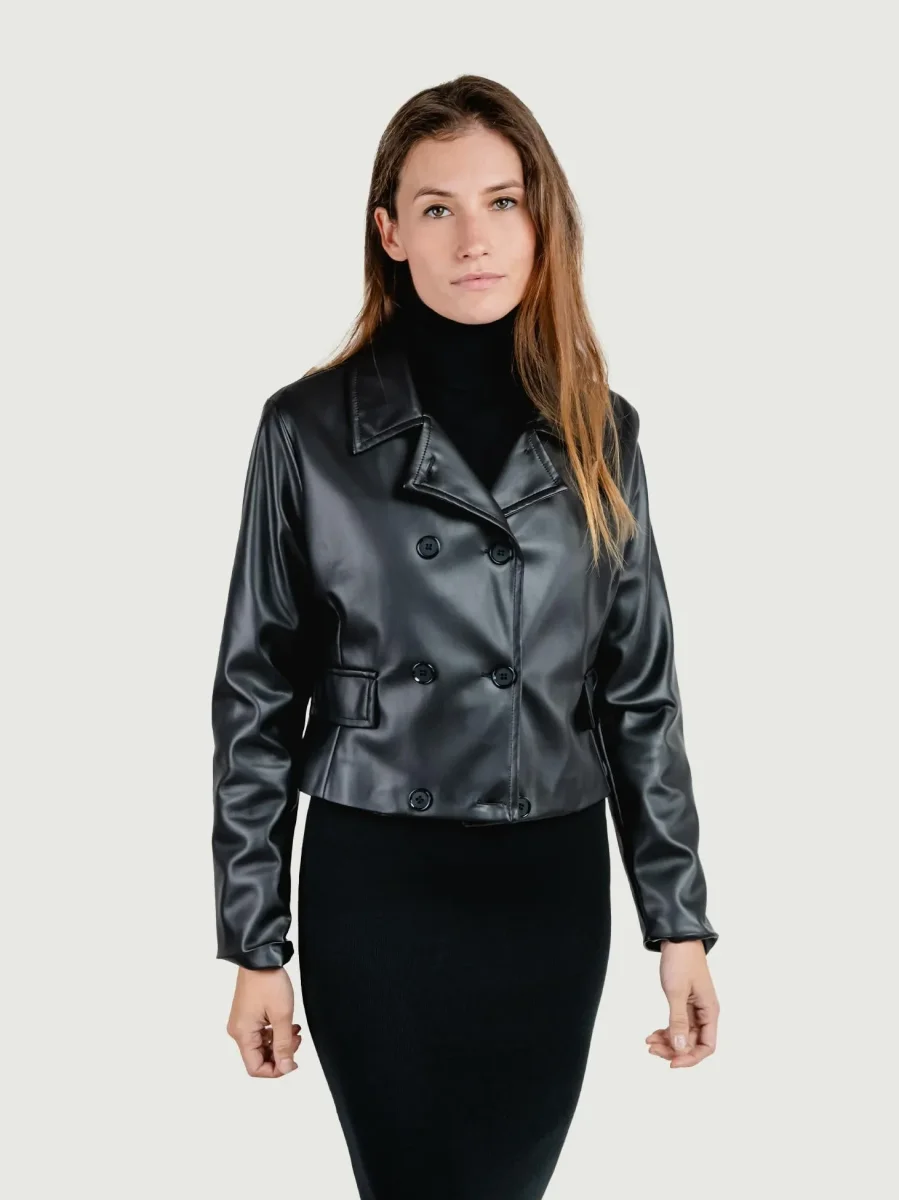 GIACCA CROPPED DOPPIOPETTO IN ECOPELLE NERA