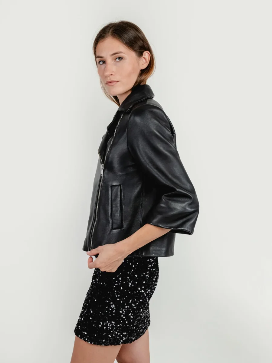 GIACCA GEMINI IN PELLE NERA CON MANICHE IN MAGLIA - immagine 8