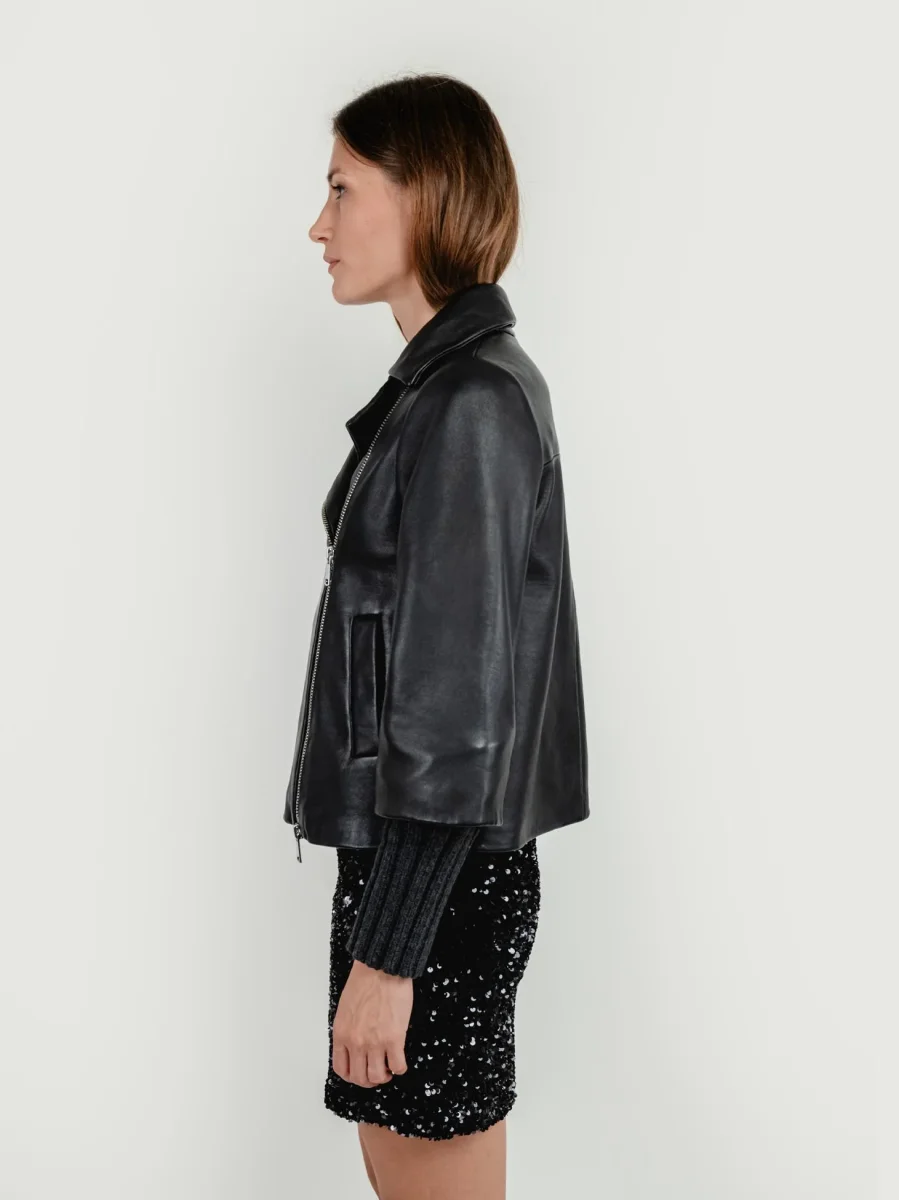 GIACCA GEMINI IN PELLE NERA CON MANICHE IN MAGLIA - immagine 3