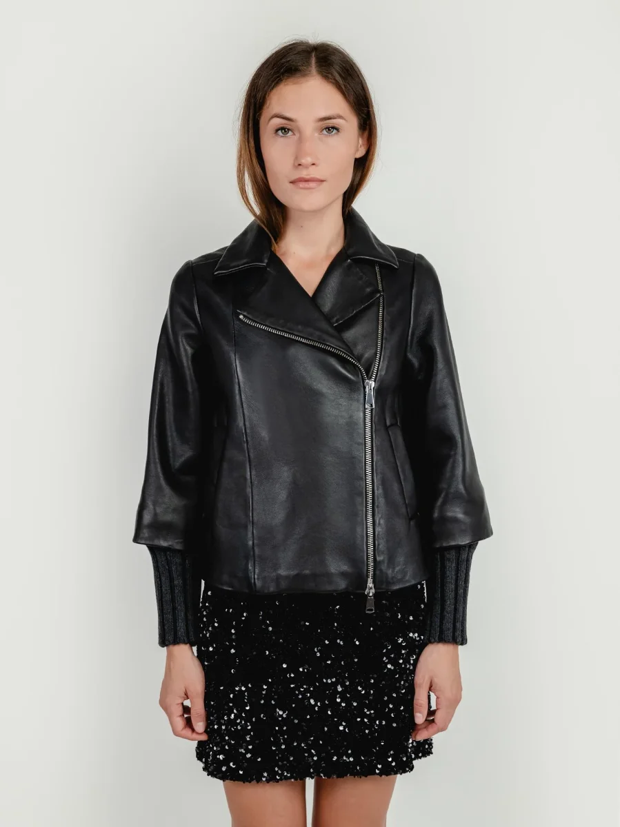 GIACCA GEMINI IN PELLE NERA CON MANICHE IN MAGLIA