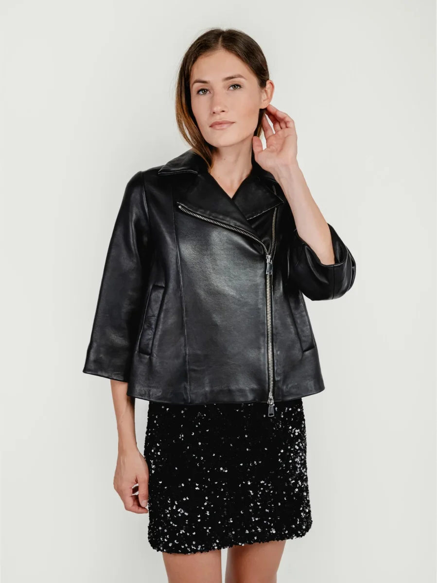 GIACCA GEMINI IN PELLE NERA CON MANICHE IN MAGLIA - immagine 7