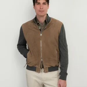 GIACCA IN PELLE SCAMOSCIATA MARRONE E MAGLIA GRIGIA DEREK KNIT