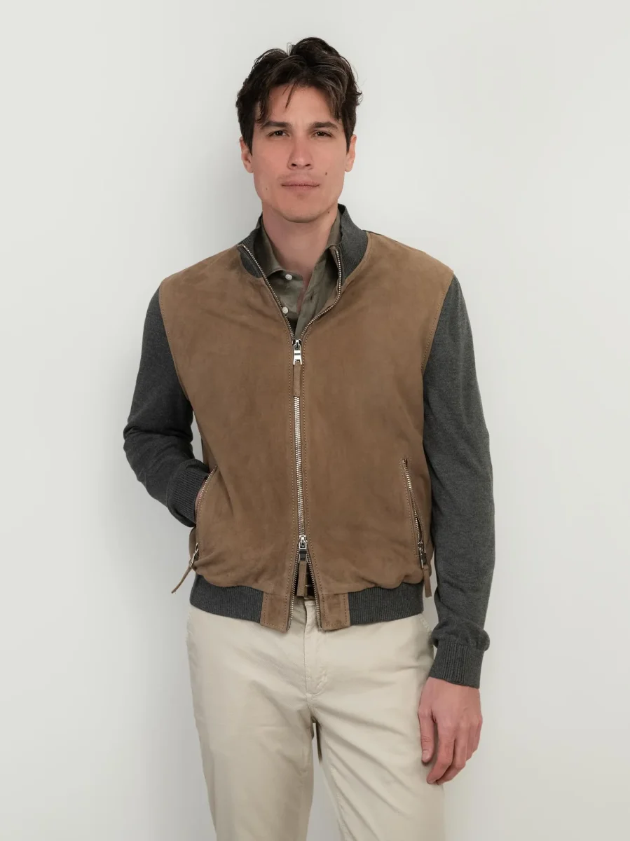 GIACCA IN PELLE SCAMOSCIATA MARRONE E MAGLIA GRIGIA DEREK KNIT