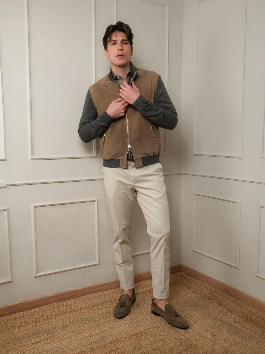 GIACCA IN PELLE SCAMOSCIATA MARRONE E MAGLIA GRIGIA DEREK KNIT - immagine 3