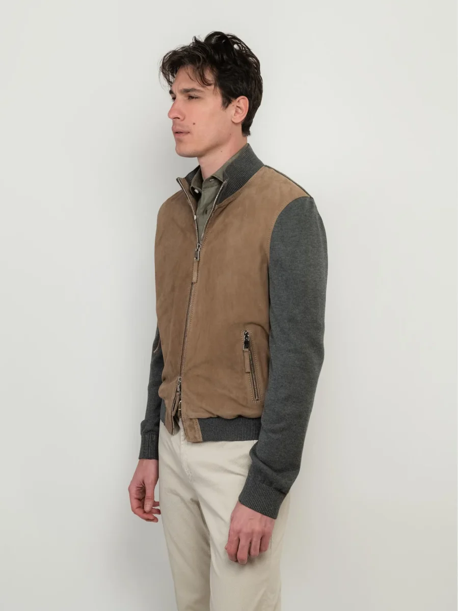 GIACCA IN PELLE SCAMOSCIATA MARRONE E MAGLIA GRIGIA DEREK KNIT - immagine 4