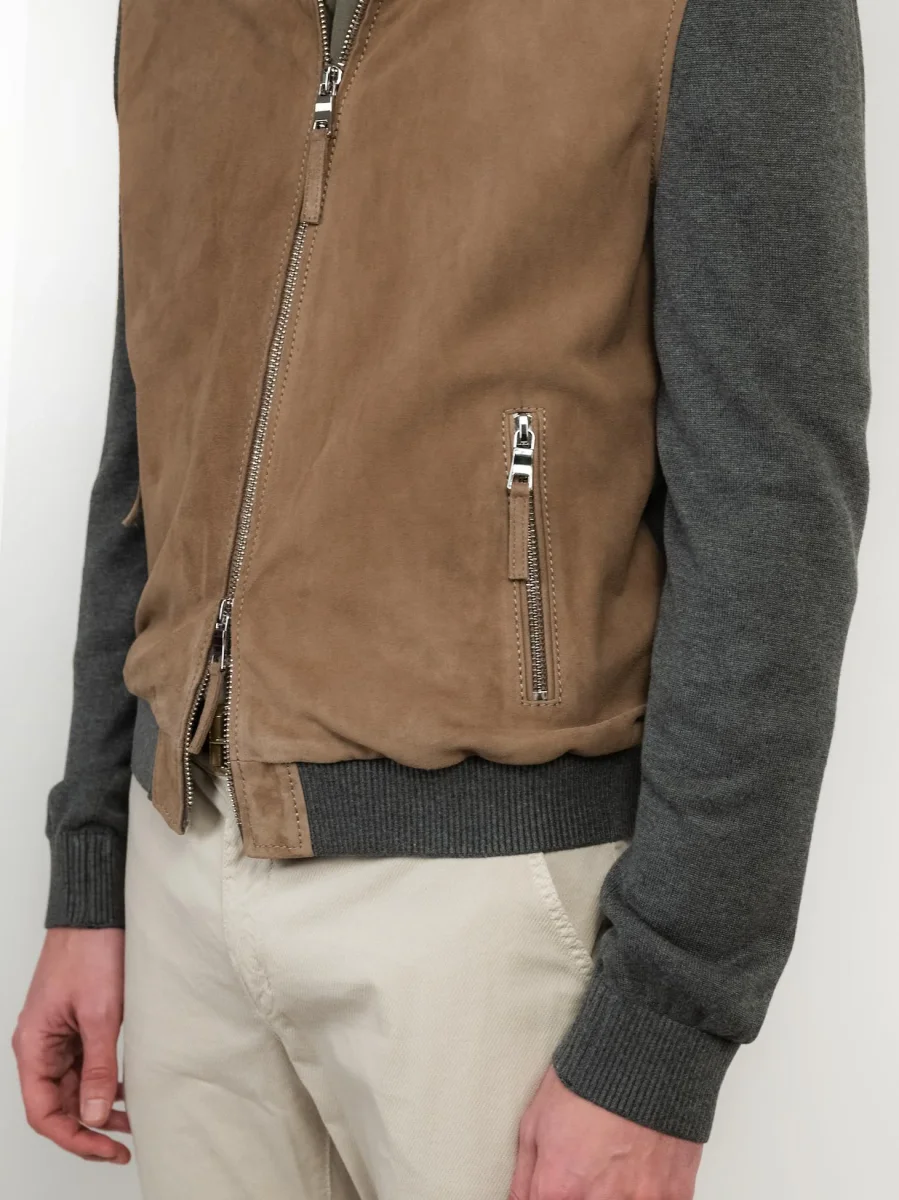 GIACCA IN PELLE SCAMOSCIATA MARRONE E MAGLIA GRIGIA DEREK KNIT - immagine 6