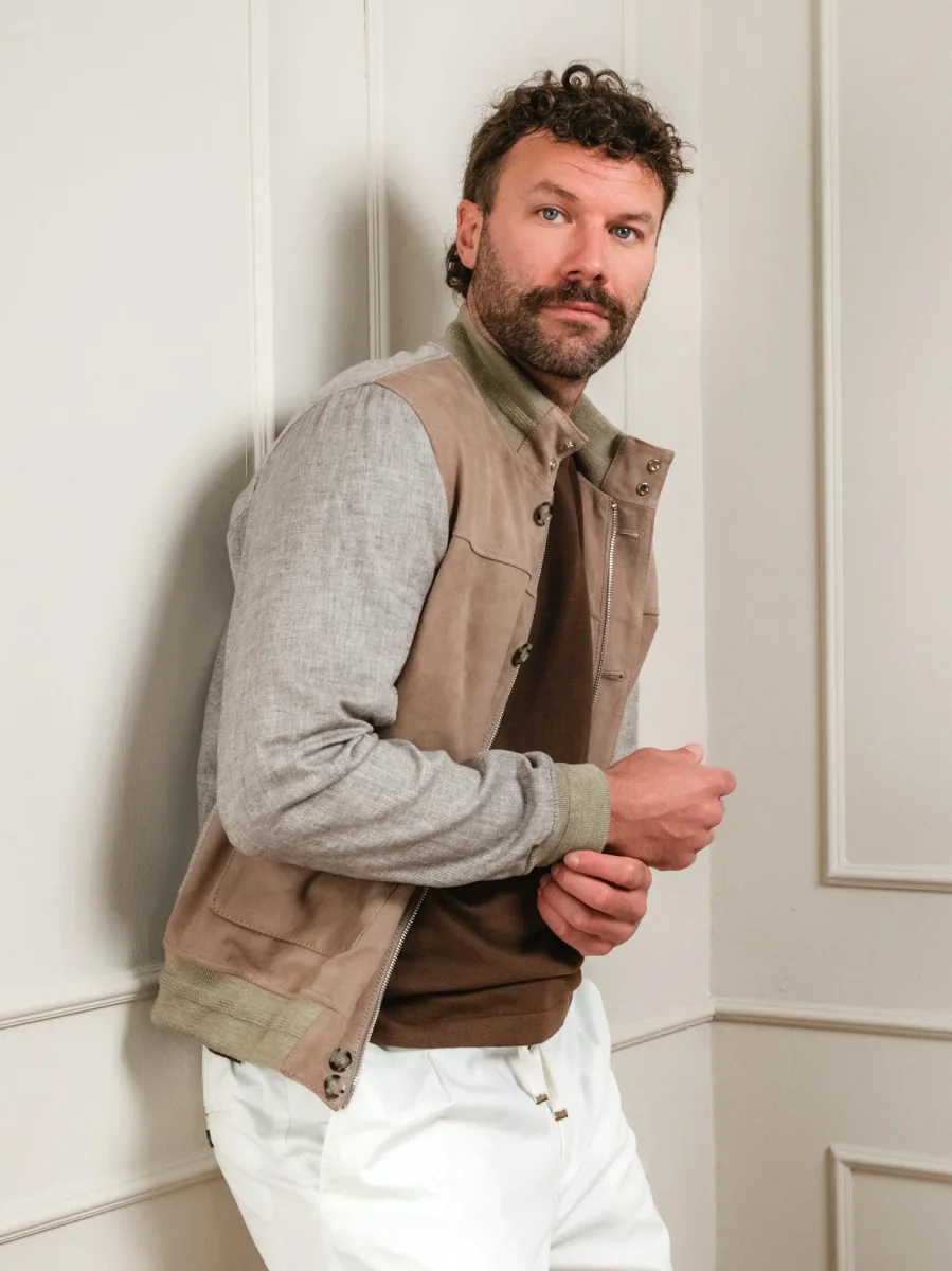 GIACCA TRIBECCA IN PELLE E LINO BEIGE - immagine 8