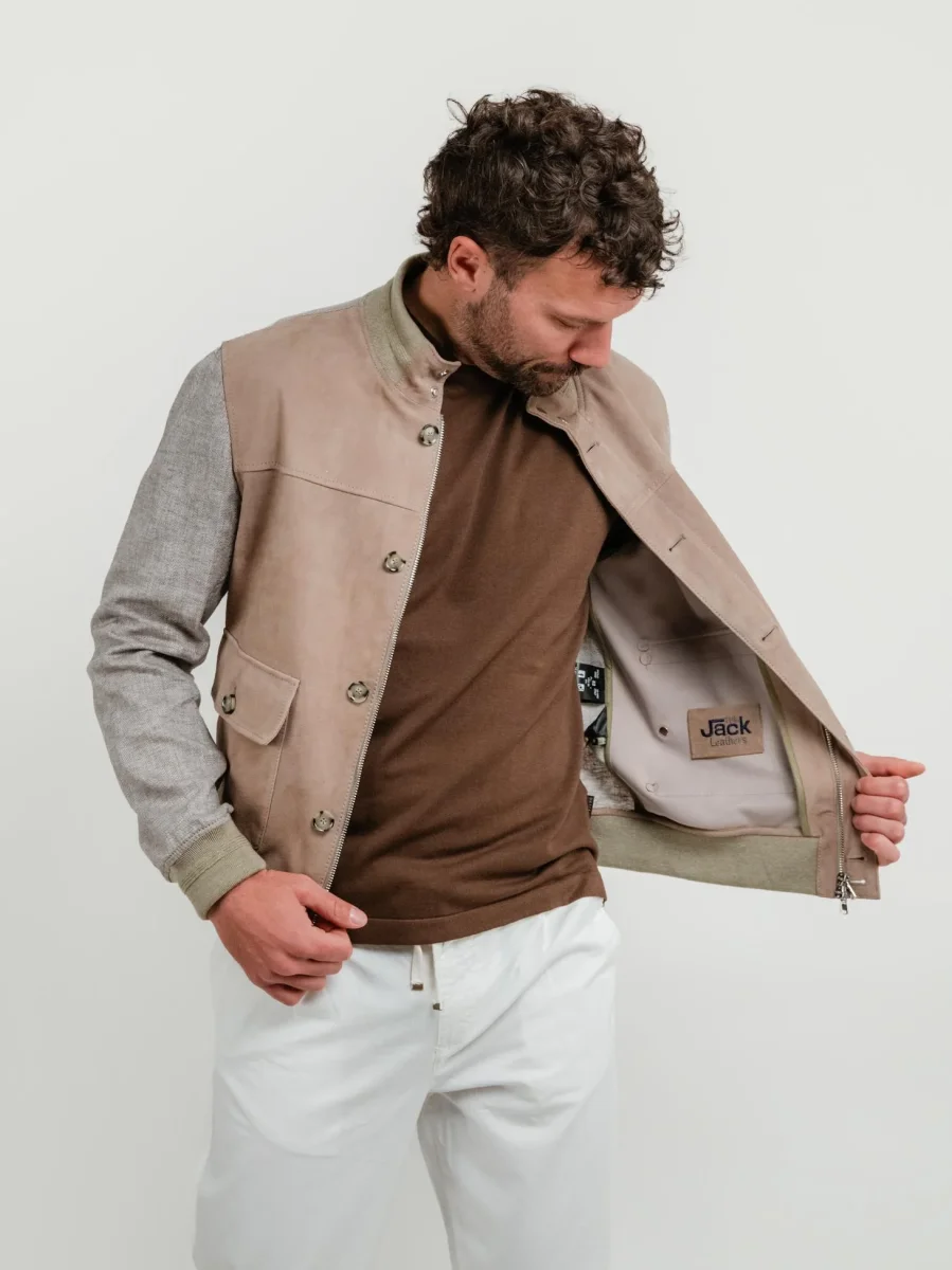 GIACCA TRIBECCA IN PELLE E LINO BEIGE - immagine 3