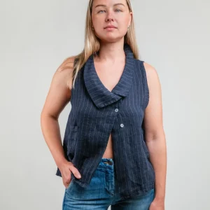 GILET IN LINO GESSATO BLU