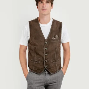 GILET LORRY IN PELLE SCAMOSCIATA DARK BROWN