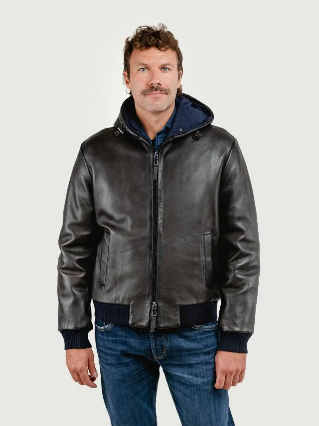 GIUBBOTTO IMBOTTITO JONAH CON CAPPUCCIO IN PELLE MARRONE