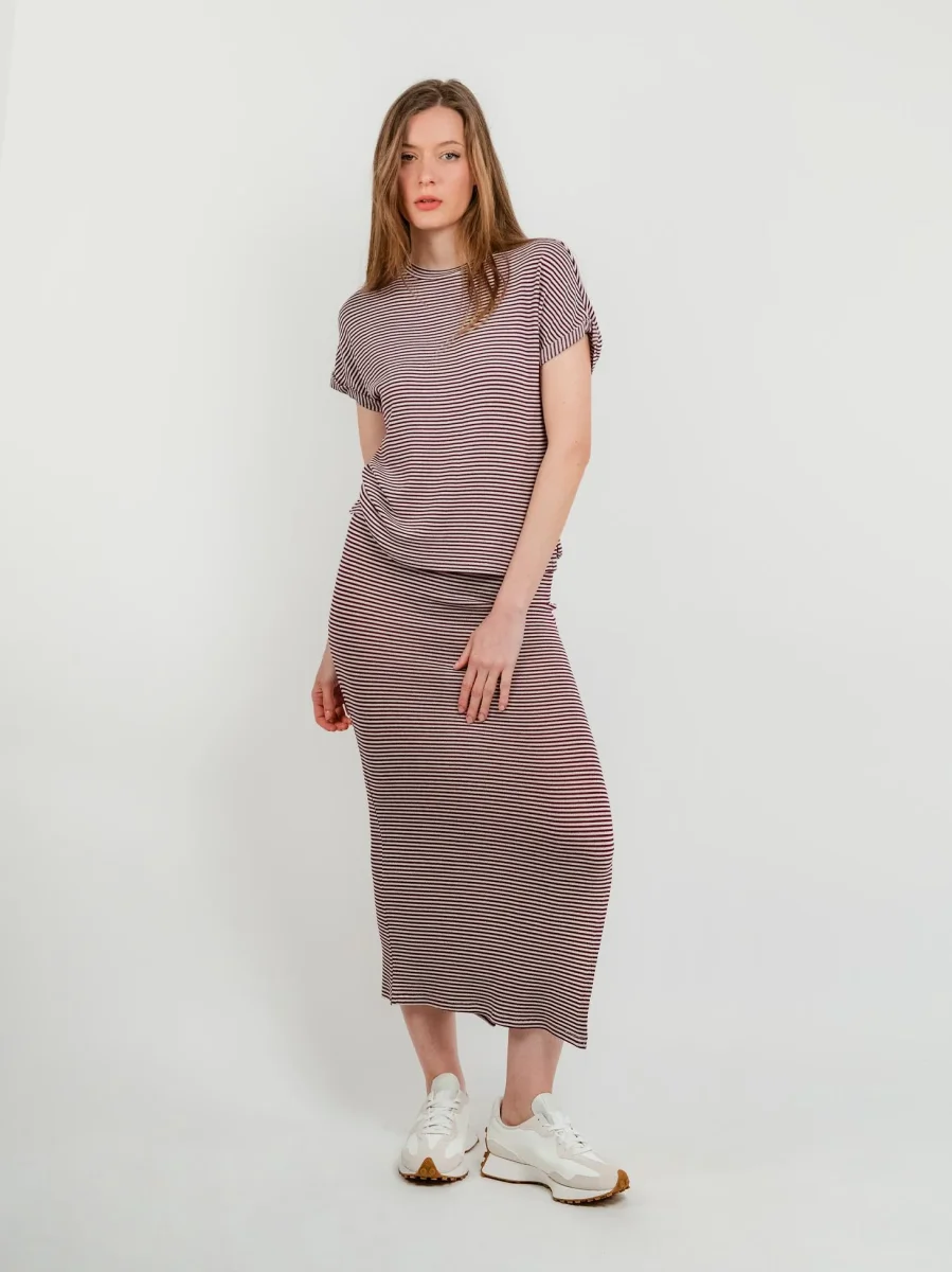 GONNA IN MAGLIA A RIGHE BIANCHE E BORDEAUX