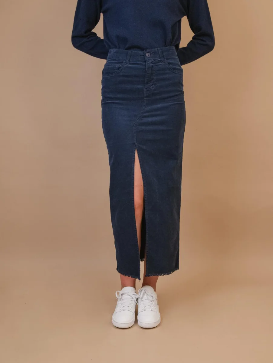 GONNA LUNGA CON MAXI SPACCO FRONTALE IN VELLUTO BLU