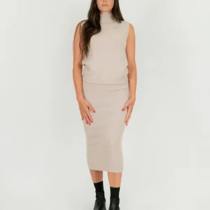 GONNA MIDI A TUBINO IN MAGLIA BEIGE