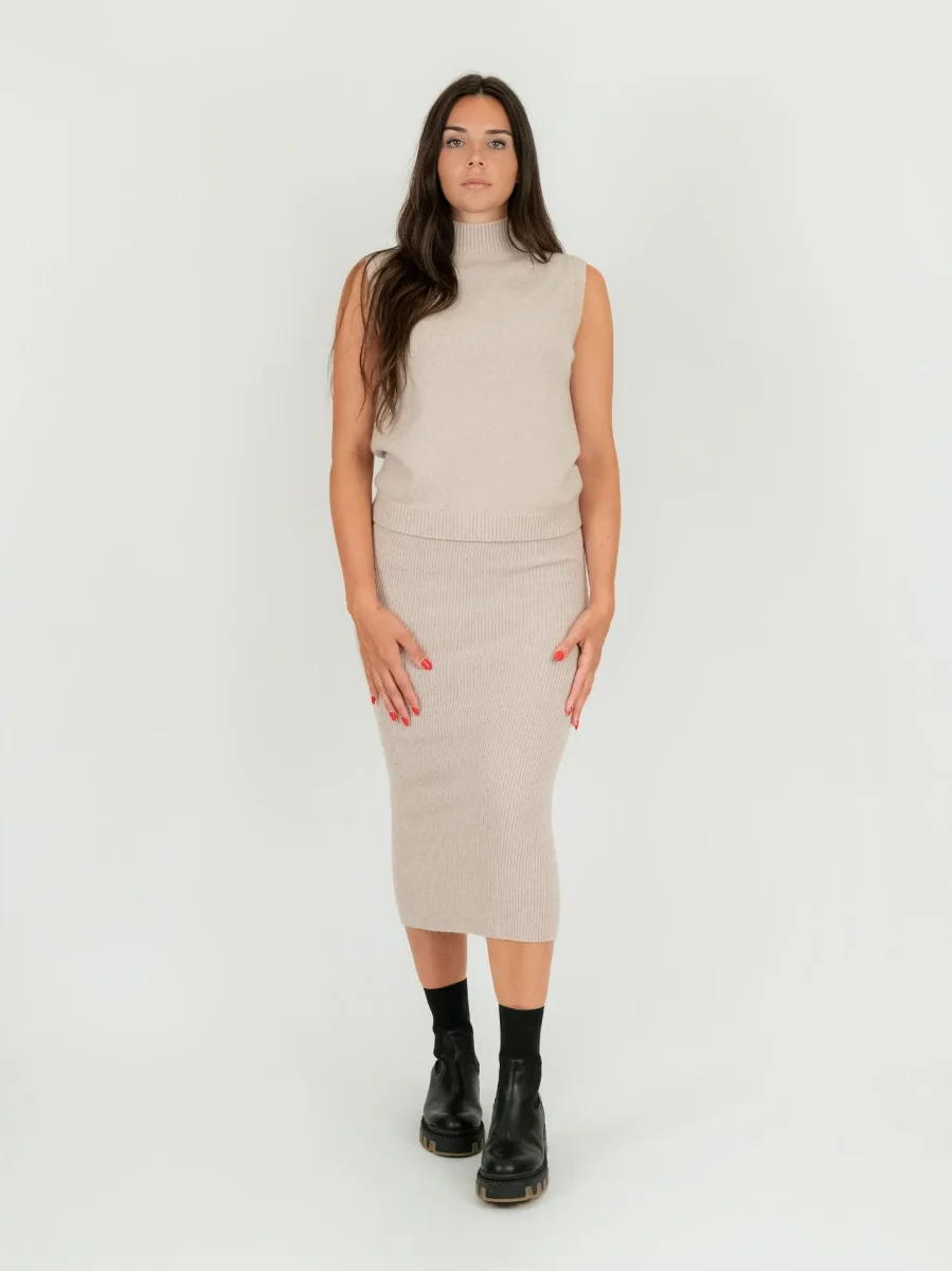 GONNA MIDI A TUBINO IN MAGLIA BEIGE
