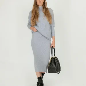 GONNA MIDI A TUBINO IN MAGLIA GRIGIO PERLA