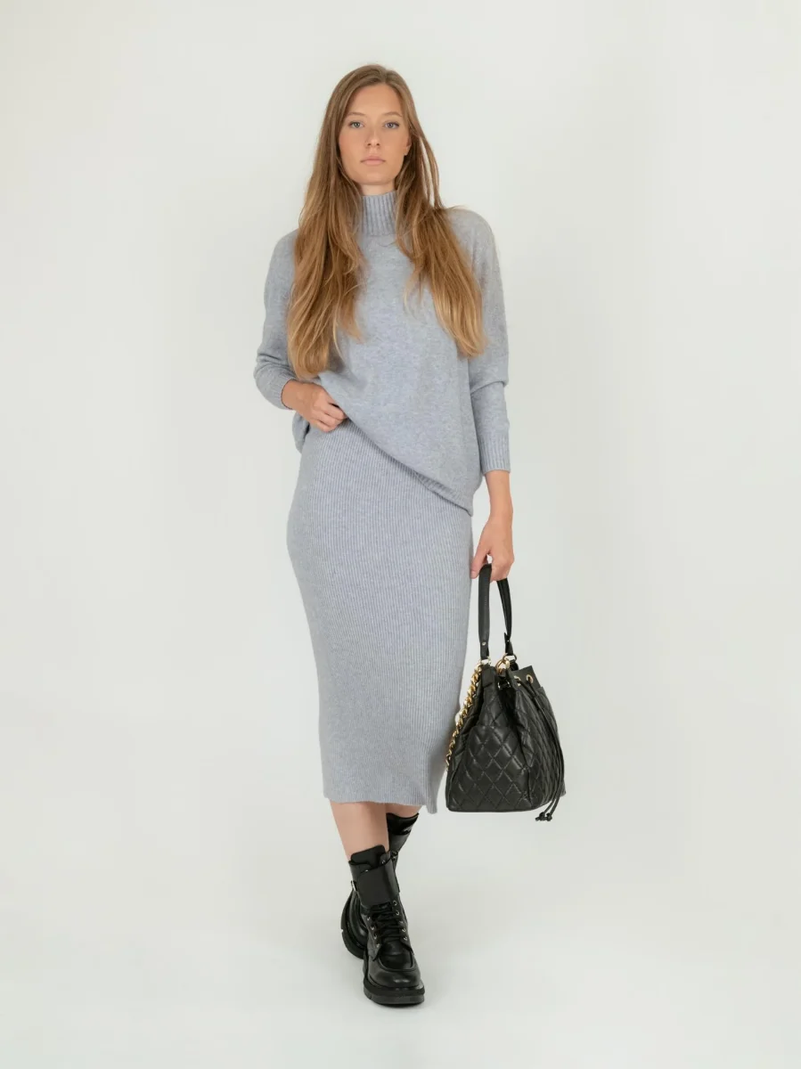 GONNA MIDI A TUBINO IN MAGLIA GRIGIO PERLA