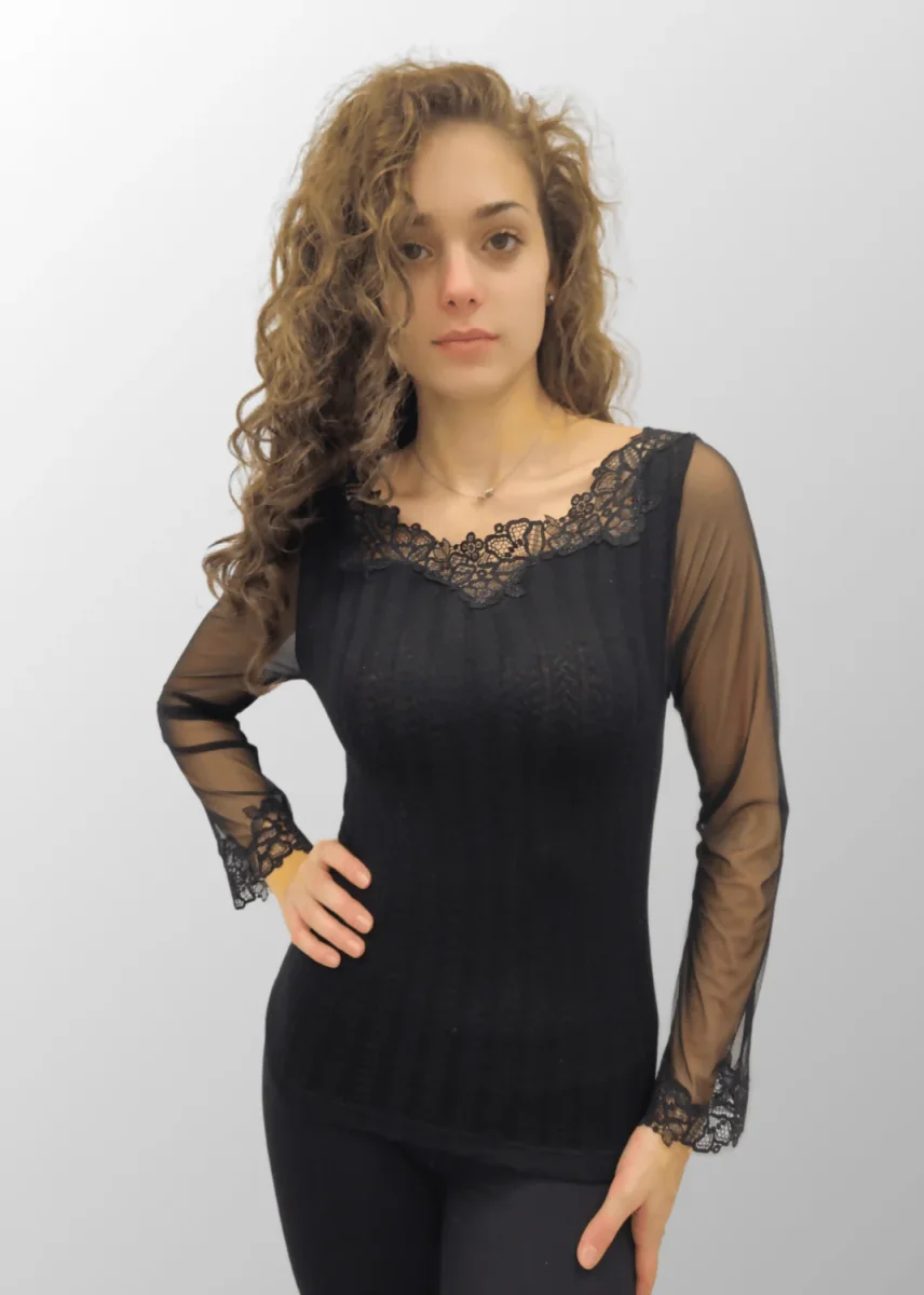 Maglia jacquard con tulle e macramé Roberta in Lana Seta - immagine 6