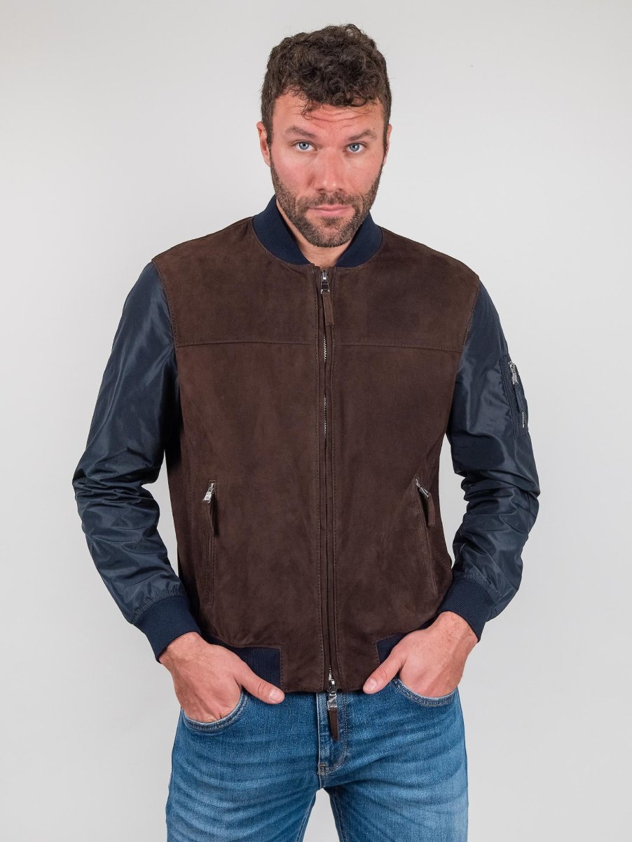 Giubbotto in camoscio marrone con maniche e inserti in nylon blu "Rude Boy"