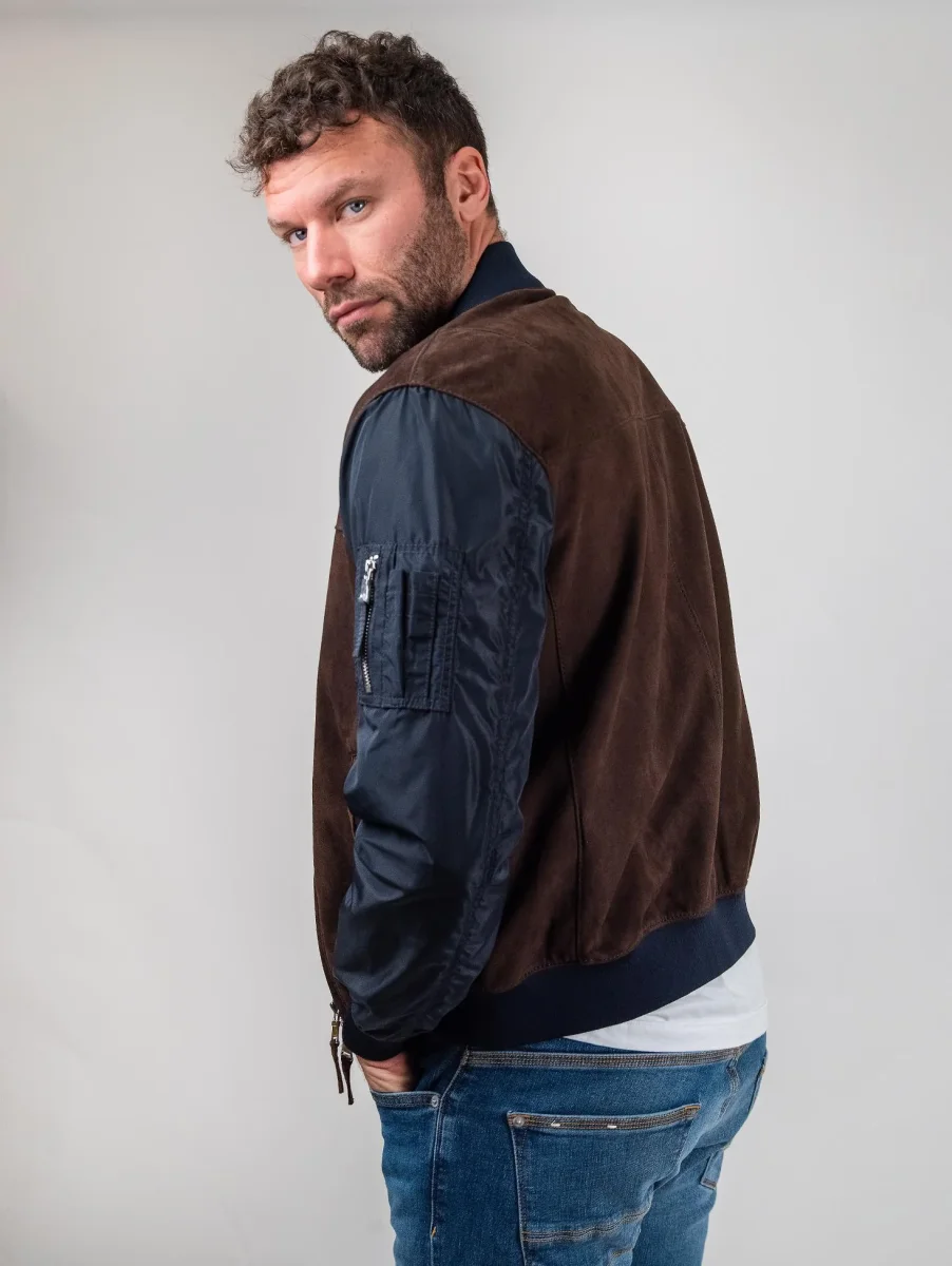 Giubbotto in camoscio marrone con maniche e inserti in nylon blu "Rude Boy" - immagine 7