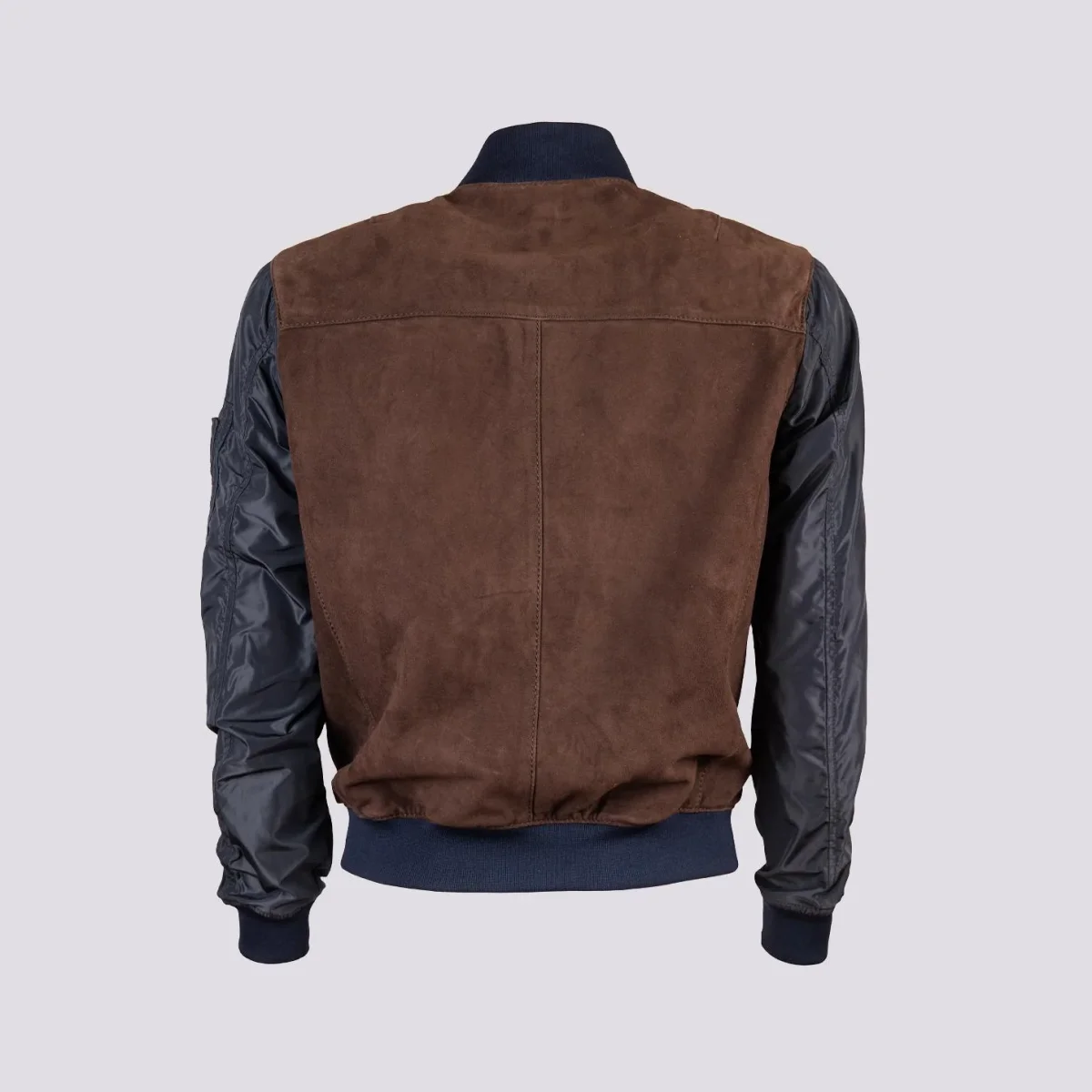 Giubbotto in camoscio marrone con maniche e inserti in nylon blu "Rude Boy" - immagine 3