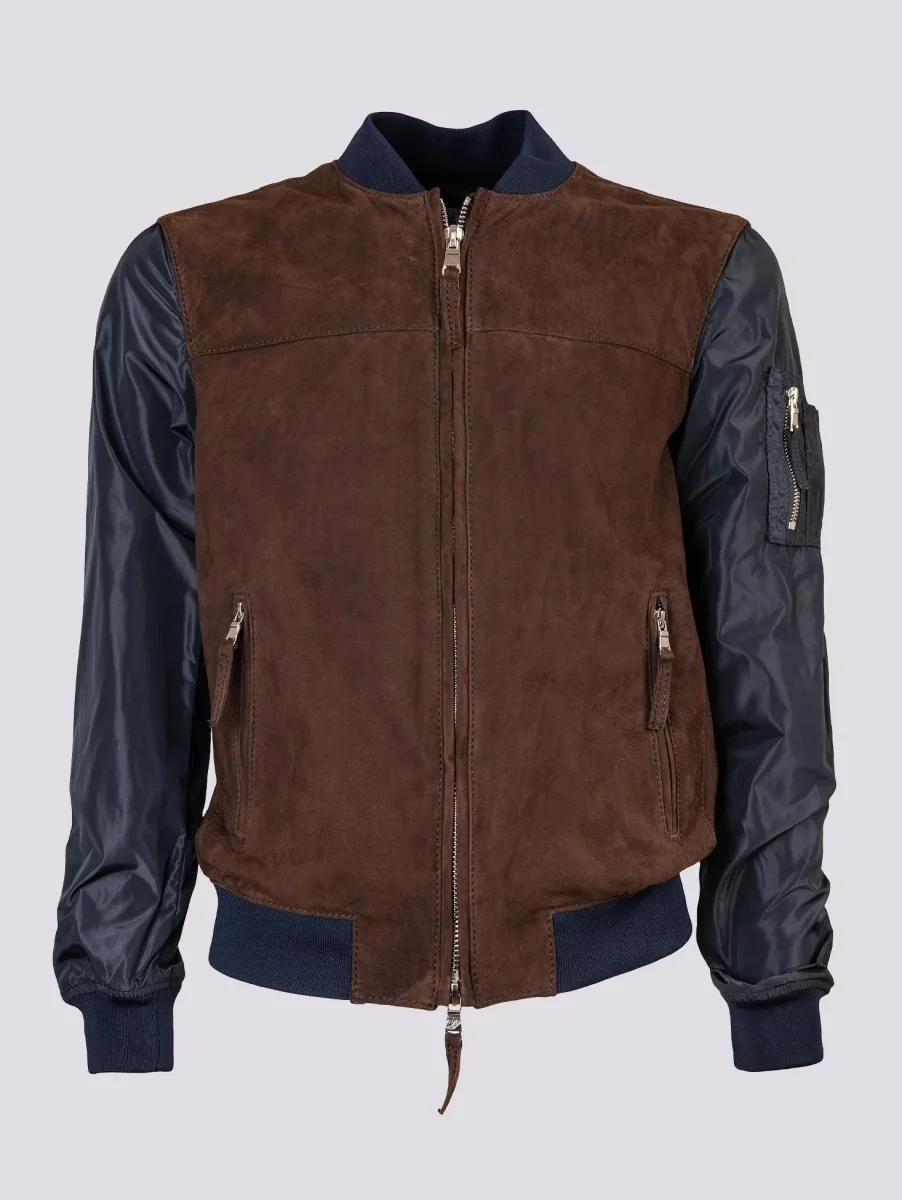 Giubbotto in camoscio marrone con maniche e inserti in nylon blu "Rude Boy" - immagine 9