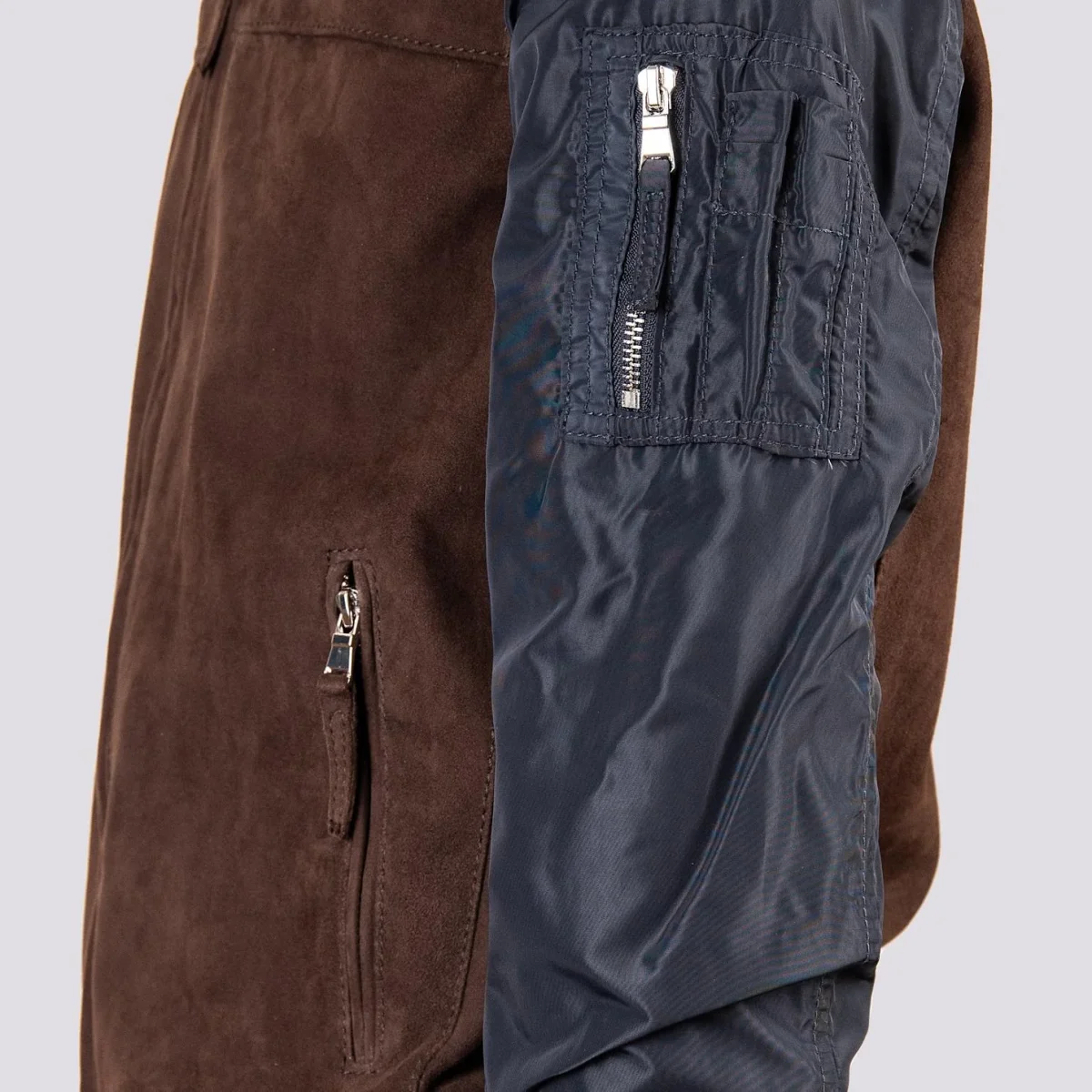 Giubbotto in camoscio marrone con maniche e inserti in nylon blu "Rude Boy" - immagine 5